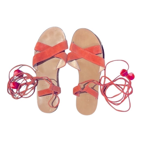 J.Crew Coral Pom Pom Suede Lace Up Sandals Size 8 - Picture 5 of 7